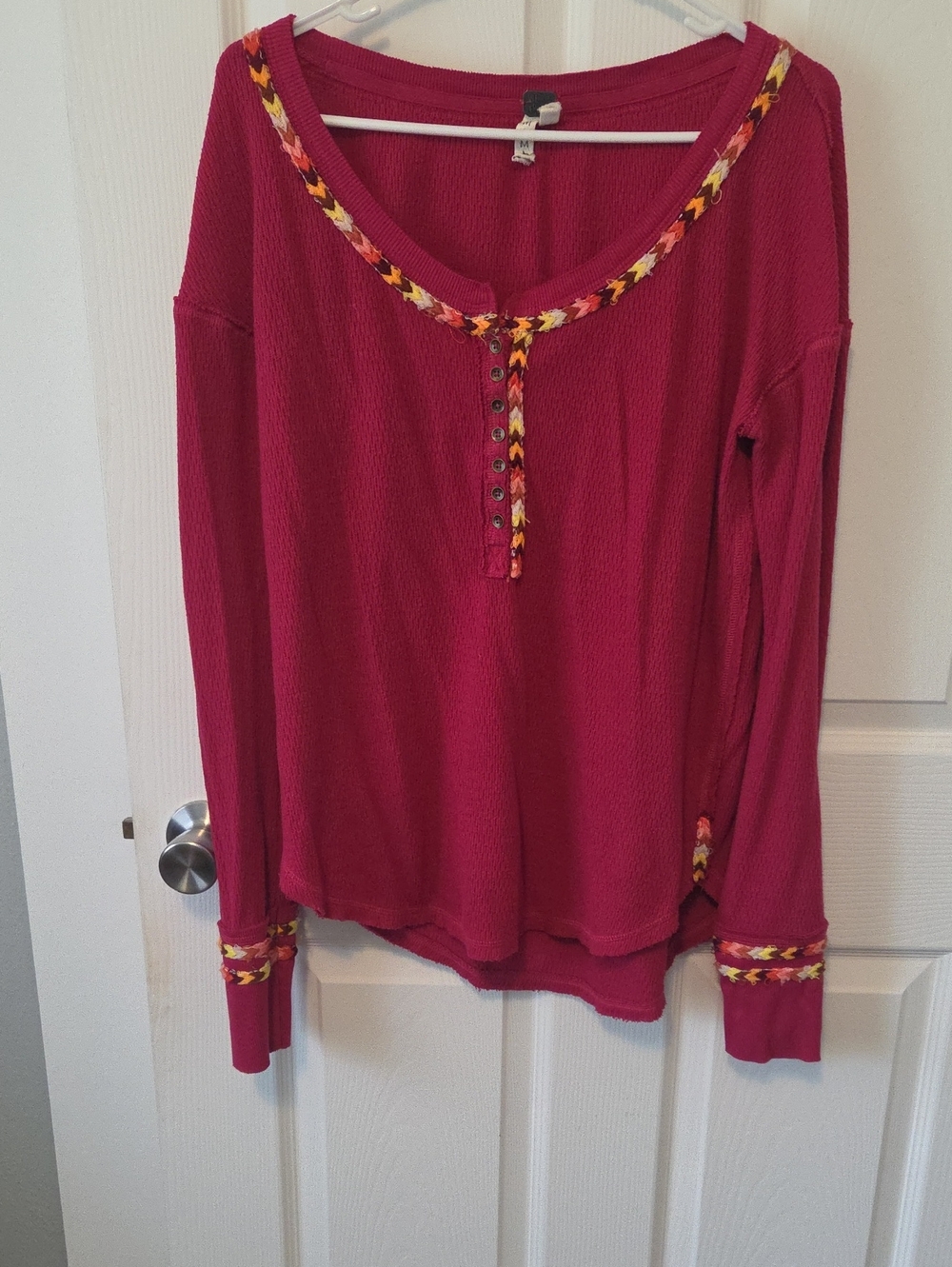 We The Free Deep Pink Waffle Henley with Braided Trim